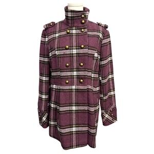 Vintage Y2K Purple Plaid Pea Coat Double Breasted Military Jacket Wool Blend XL